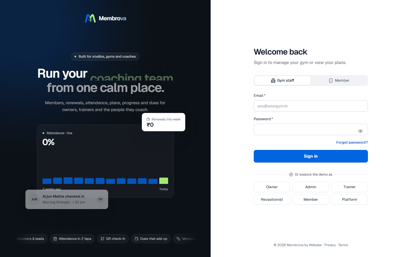 Membrova sign-in screen with a live attendance chart and renewals summary